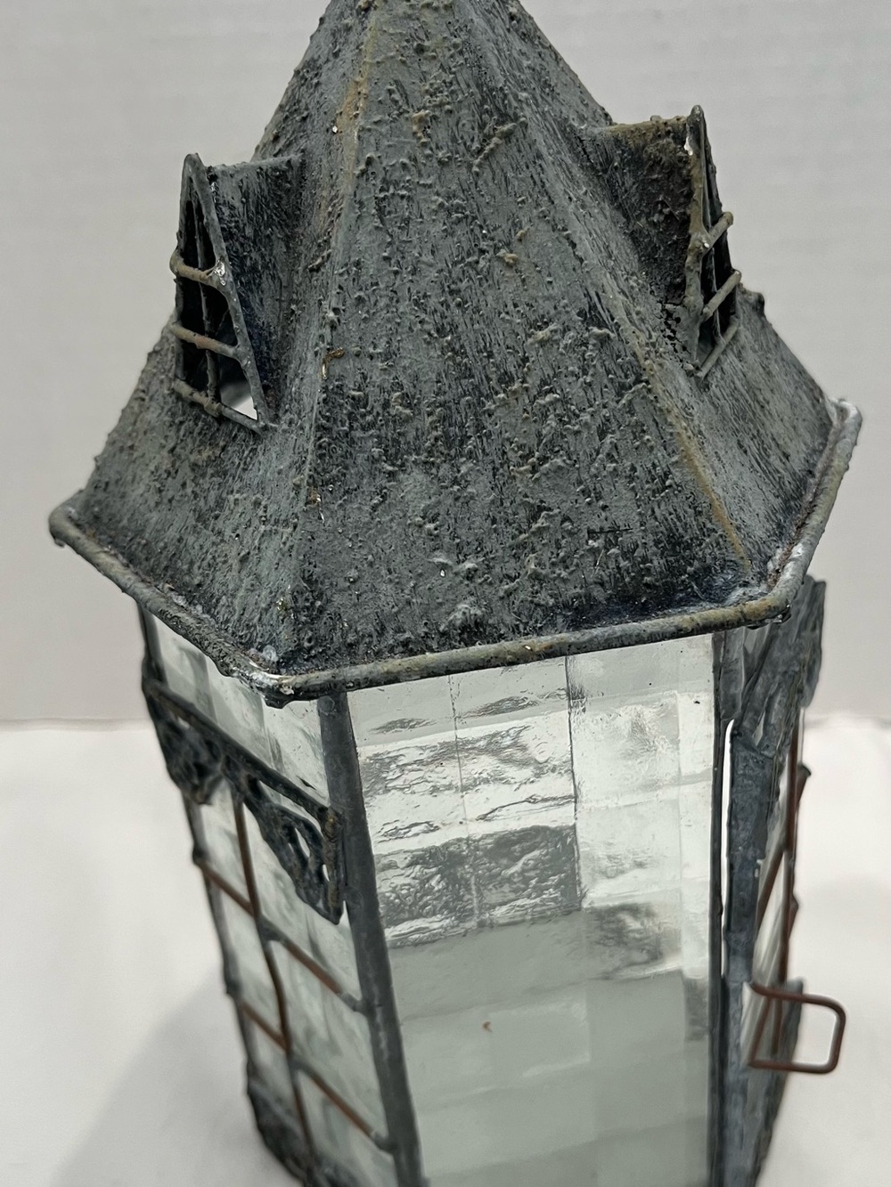 Decorative Metal w/Leaded Beveled Glass Candle Holder - Picture 3 of 8